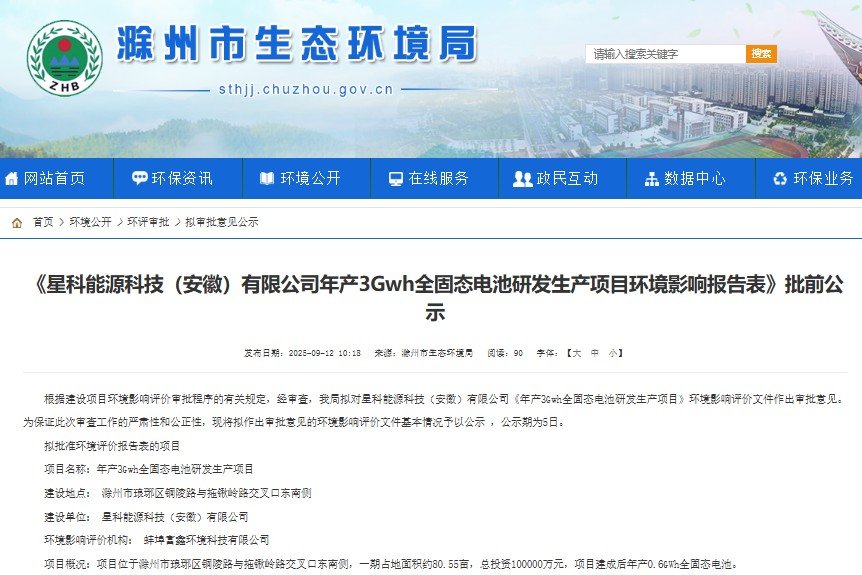 一期投資10億元！安徽滁州年產(chǎn)3GWh全固態(tài)電池項目迎新進展