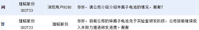 雄韜股份:鋅離子電池處實驗室研發(fā)期 雄韜股份:鋅離子電池處實驗室研發(fā)期