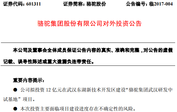 駱駝股份擬投12億元在武漢打造電池研發中試基地