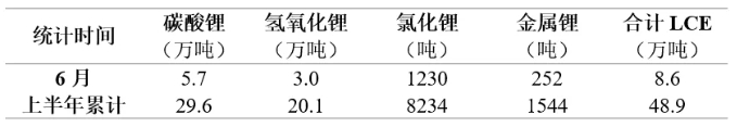 表 1 2024年6月及上半年我國鋰鹽產量