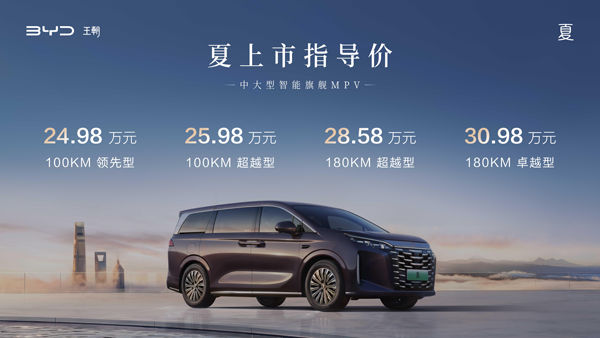 引領中大型智能MPV新趨勢！比亞迪夏售價24.98萬元起