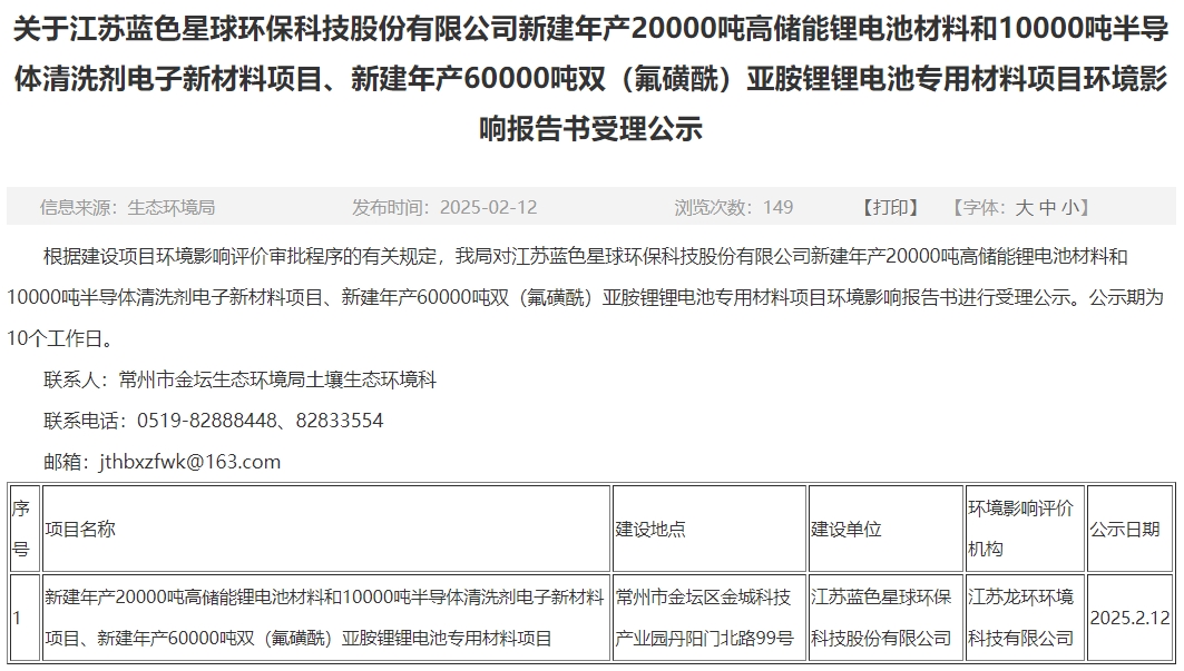 投資10.9億元！藍色星球環保江蘇常州電池材料項目環評公示